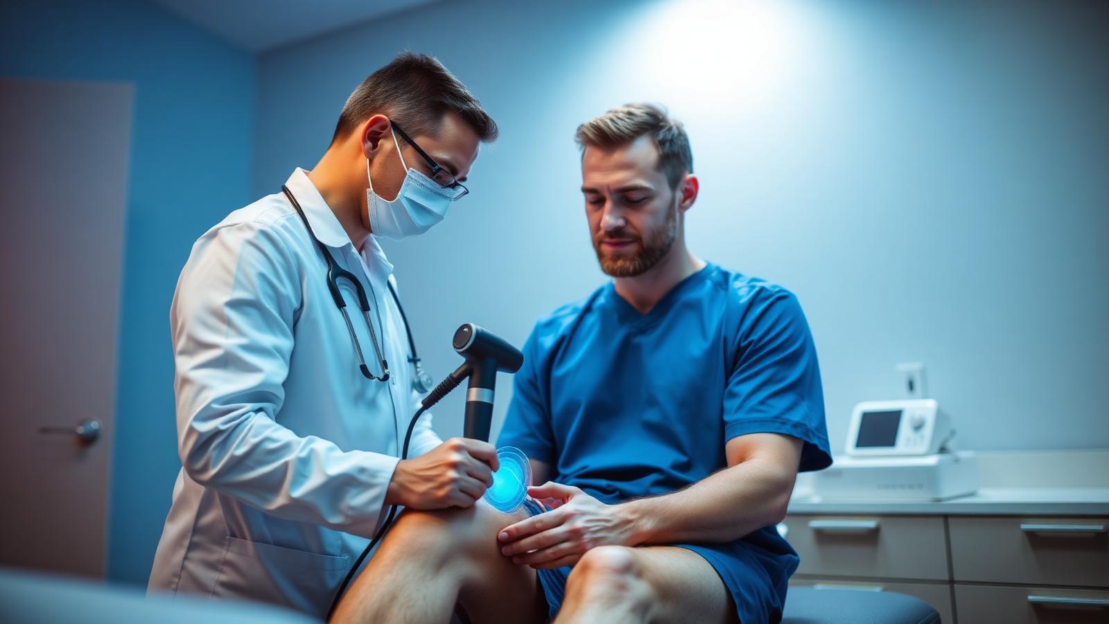 Médico aplicando terapia por ondas de choque no joelho de um paciente atleta em consultório