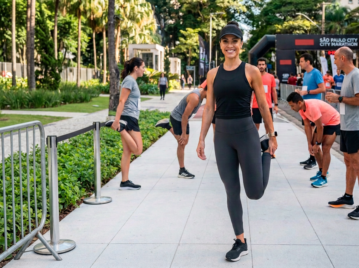 Corredora alongando em evento de corrida, representando saúde esportiva